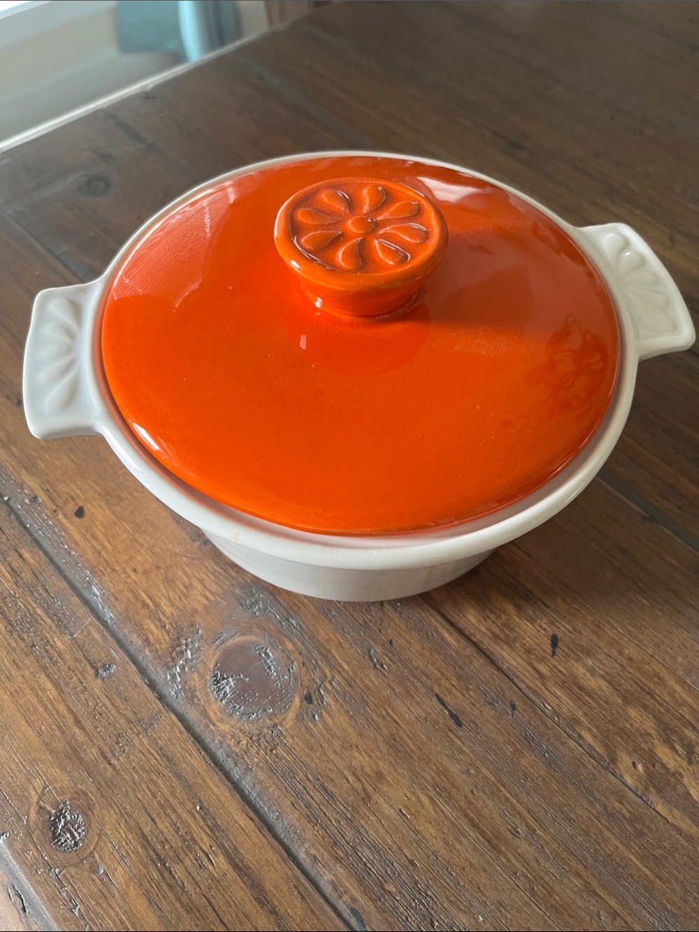 Mid Century Ceramic  Orange & White Covered Casserole California Pottery USA